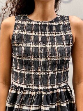 Sleeveless Plaid Midi Dress in Black and Cream